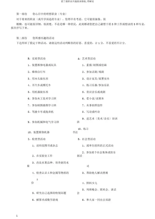 霍兰德职业兴趣量表格版,带解释