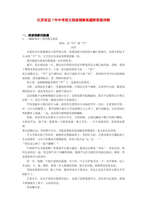 江苏中考语文现代文阅读练习题真题带答案(2019-2021)