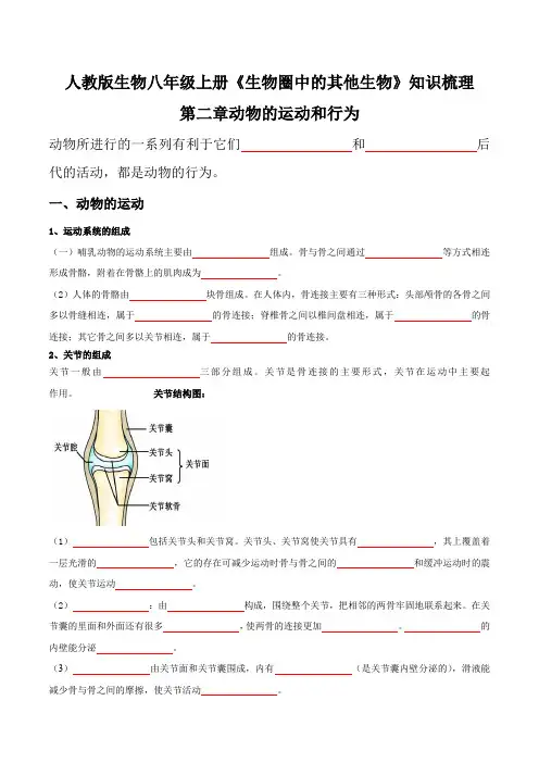 第二章 动物的运动和行为【必背知识】2022-2023学年八年级生物章节知识清单(人教版 )