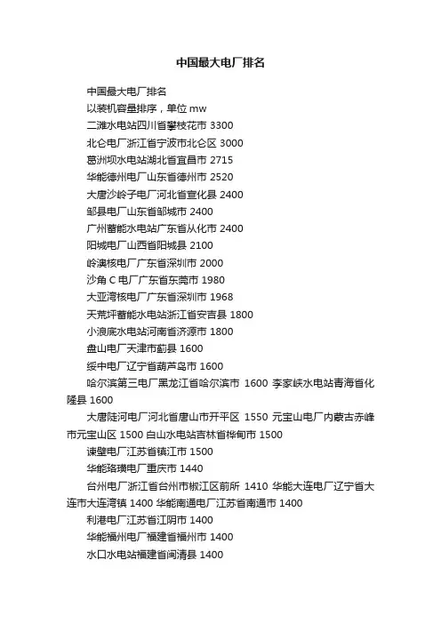 中国最大电厂排名