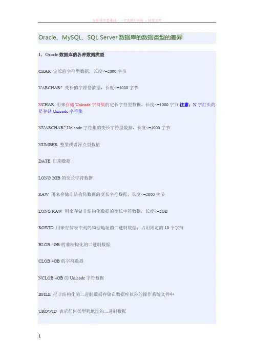 各数据库的数据类型的区别