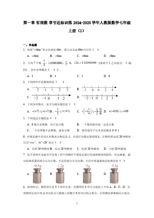 2024-2025学年人教版数学七年级上册第一章 有理数 章节达标训练 (含简单答案)