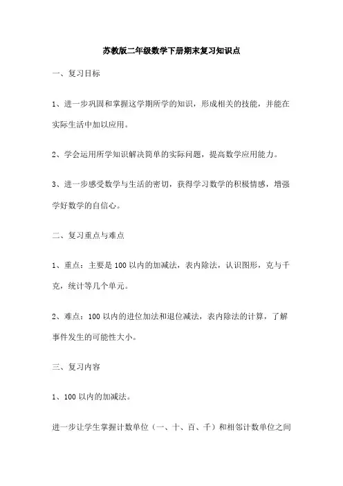 苏教版二年级数学下册期末复习知识点
