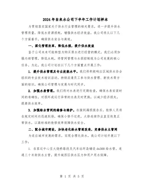 2024年自来水公司下半年工作计划样本（3篇）