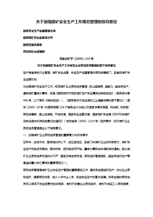 关于加强煤矿安全生产工作规范管理的指导意见