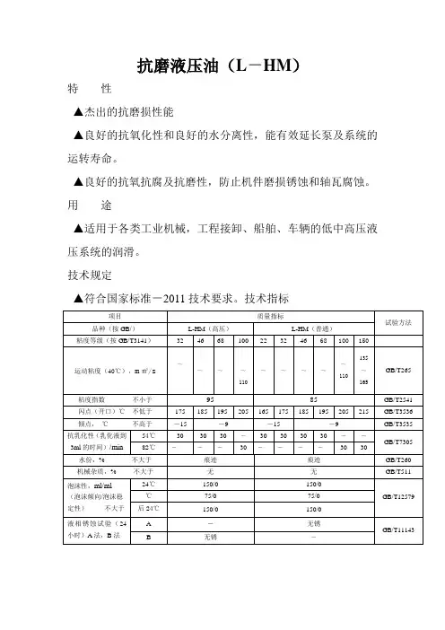抗磨液压油技术参数