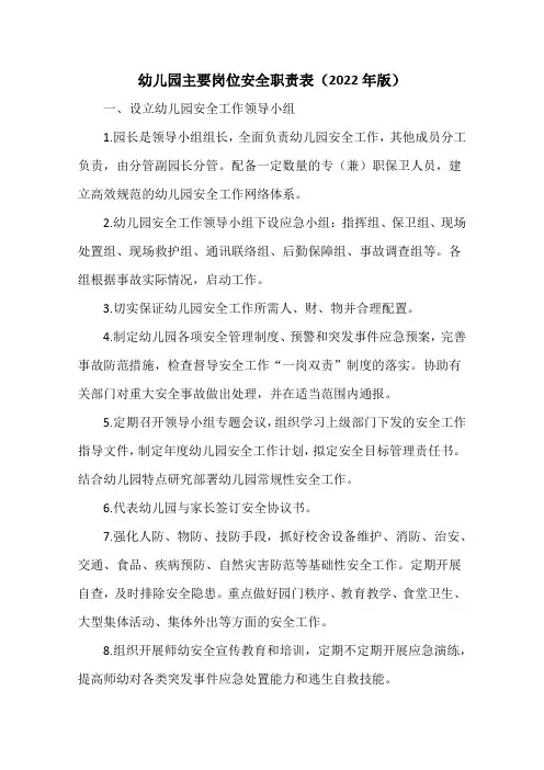 幼儿园主要岗位安全职责表(2022年版)