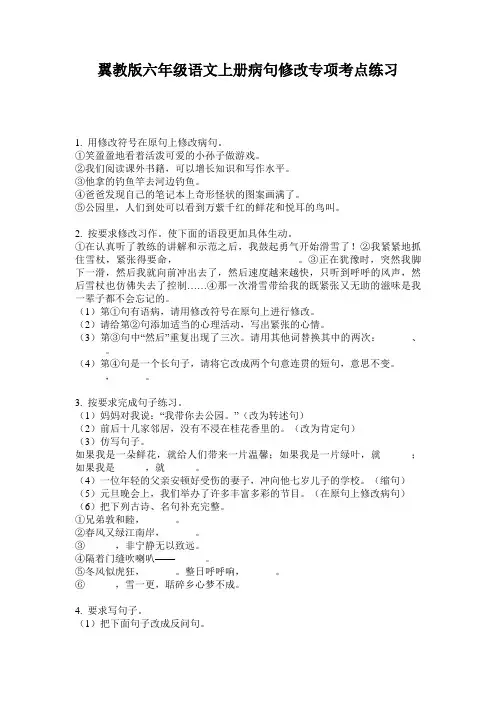 翼教版六年级语文上册病句修改专项考点练习