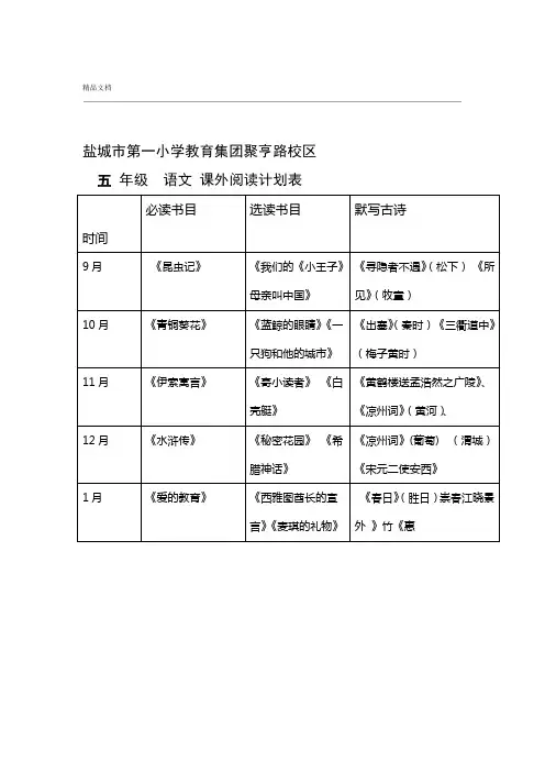 五年级语文课外阅读计划表