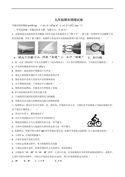 贵州省黔东南州2019届九年级上学期期末文化水平测试物理试题