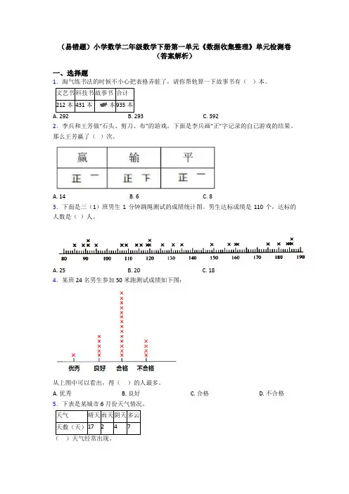 (易错题)小学数学二年级数学下册第一单元《数据收集整理》单元检测卷(答案解析)