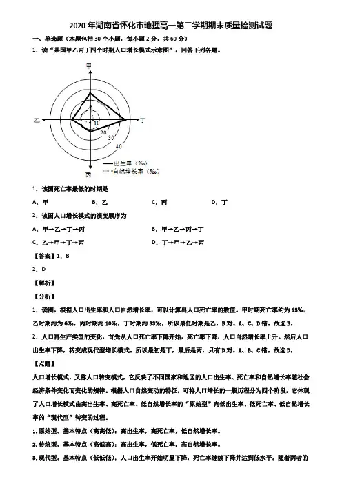 2020年湖南省怀化市地理高一第二学期期末质量检测试题含解析
