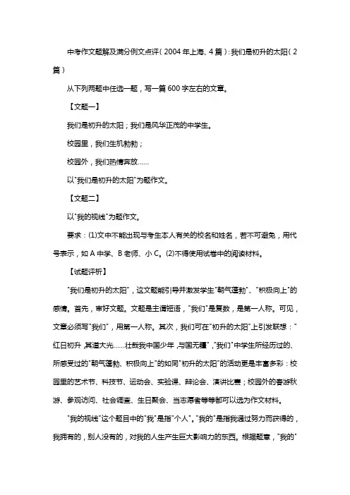 中考作文题解及满分例文点评(2004年上海、4篇)：我们是初升的太阳(2篇)