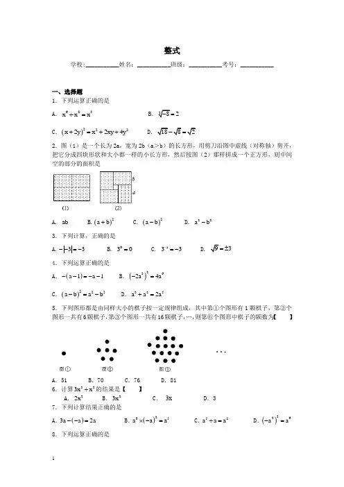 数学中考二轮复习专题卷---整式附答案解析