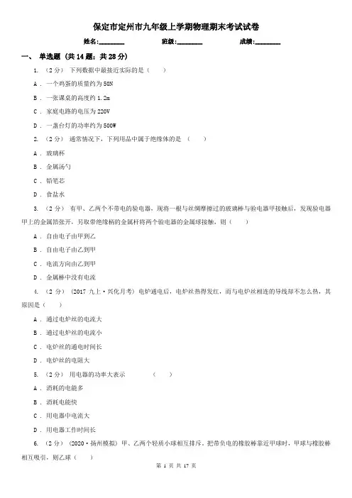 保定市定州市九年级上学期物理期末考试试卷
