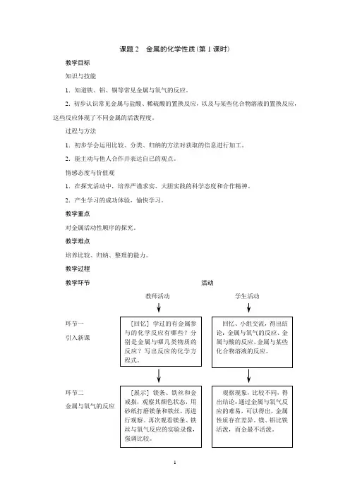 课题2  金属的化学性质(第1课时)-人教优质课教学设计精品