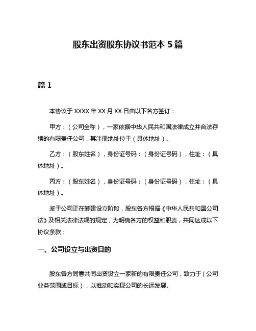 股东出资股东协议书范本5篇