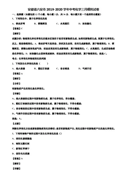 安徽省六安市2019-2020学年中考化学三月模拟试卷含解析