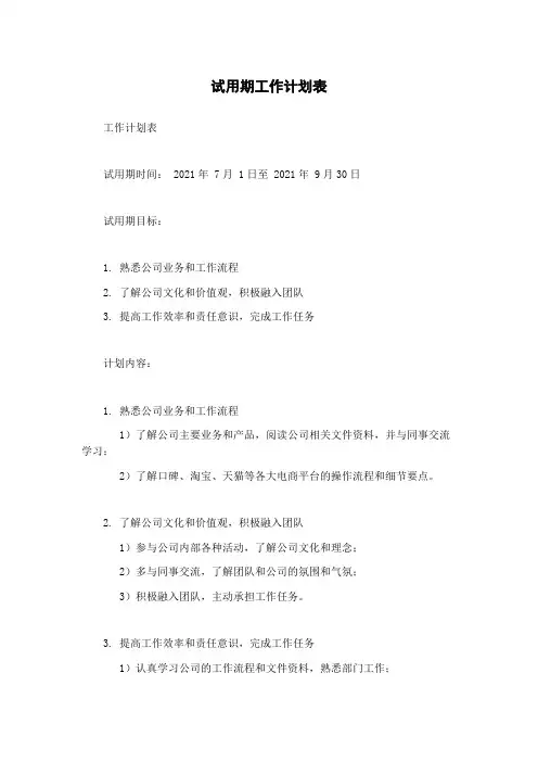 试用期工作计划表
