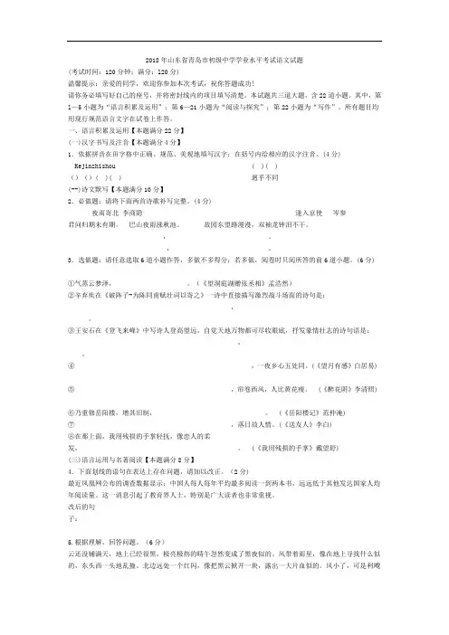 中考语文-2018届山东省青岛市中考语文考试试卷 最新
