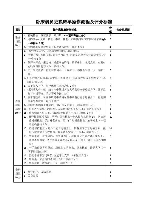 卧床病员更换床单操作流程及评分标准