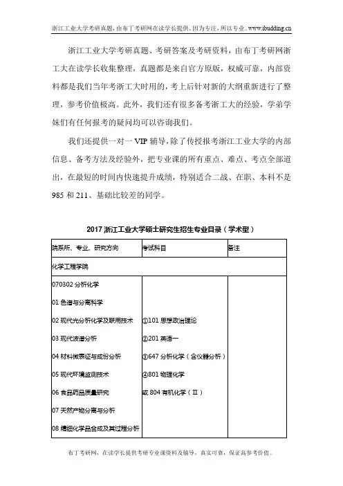 2017年浙工大浙江工业大学考研真题、研究生招生简章、招生目录及考试大纲汇总