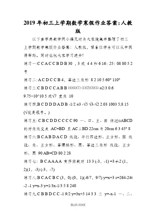 初三上学期数学寒假作业答案：人教版