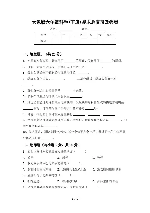 大象版六年级科学(下册)期末总复习及答案