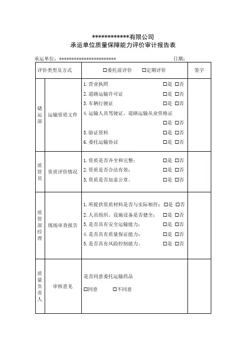 药品批发企业(连锁企业)承运商质量保障能力评价审计报告表