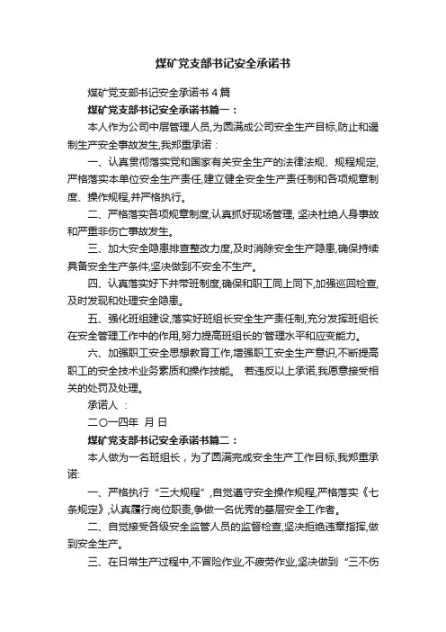 煤矿党支部书记安全承诺书