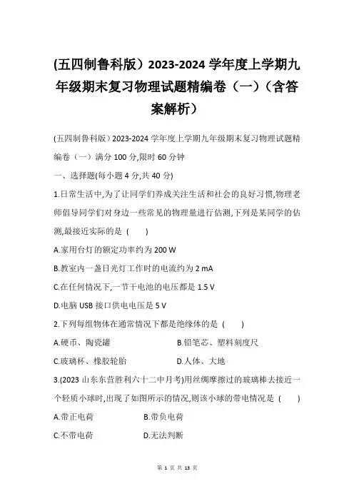 (五四制鲁科版)2023-2024学年度上学期九年级期末复习物理试题精编卷(一)(含答案解析)