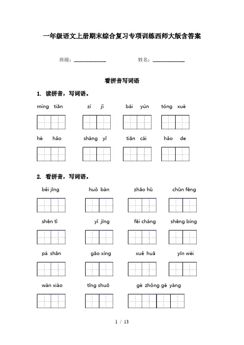 一年级语文上册期末综合复习专项训练西师大版含答案