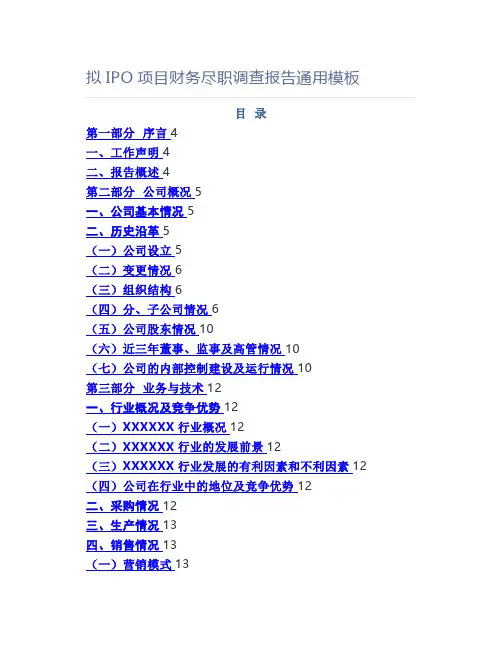 拟IPO项目财务尽职调查报告通用模板