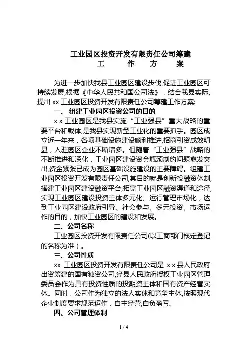 工业园区投资开发有限公司筹建方案