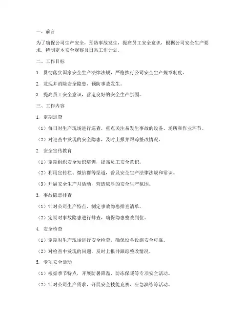安全观察员日常工作计划