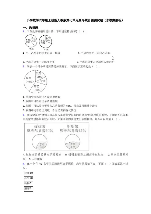 小学数学六年级上册新人教版第七单元扇形统计图测试题(含答案解析)