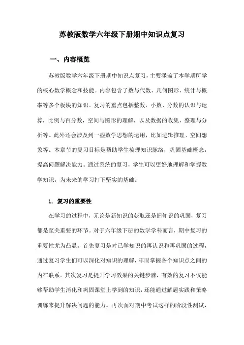 苏教版数学六年级下册期中知识点复习