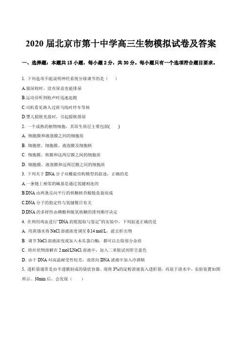 2020届北京市第十中学高三生物模拟试卷及答案
