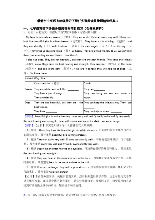 最新初中英语七年级英语下册任务型阅读易错题精选经典1