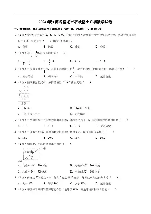 2024年江苏省宿迁市宿城区小升初数学试卷(含答案)