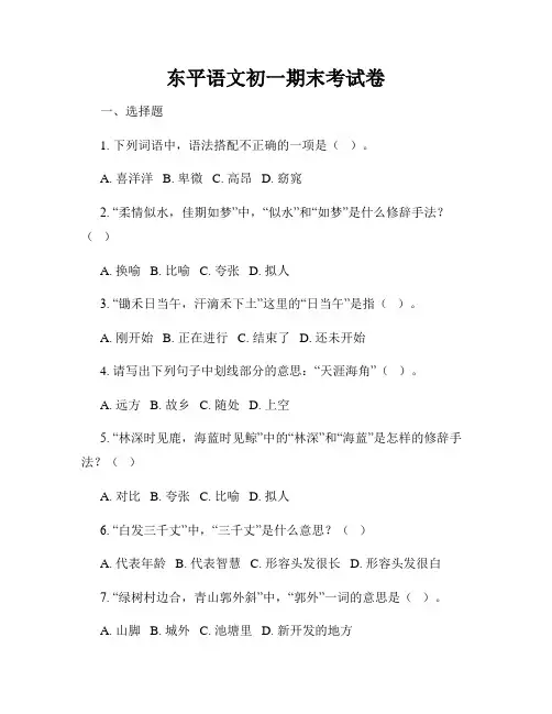 东平语文初一期末考试卷