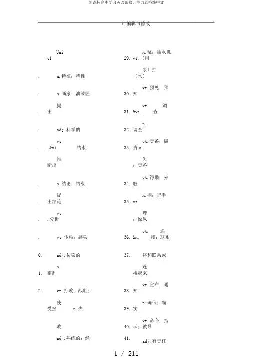 新课标高中学习英语必修五单词表格纯中文
