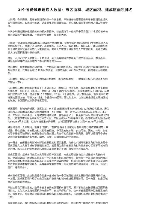 31个省份城市建设大数据：市区面积、城区面积、建成区面积排名