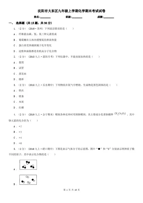 沈阳市大东区九年级上学期化学期末考试试卷