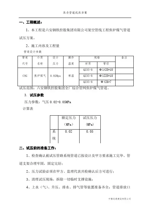 焦炉煤气管道试压方案