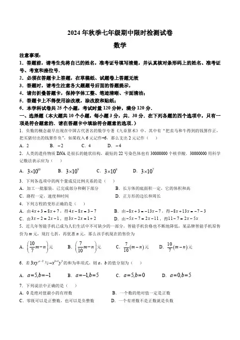 湖南省长沙市长郡教育集团2024-2025学年上学期七年级数学期中考试试卷(含答案)