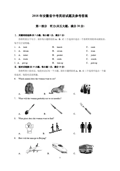 2018年安徽省中考英语试题及参考答案(word解析版)