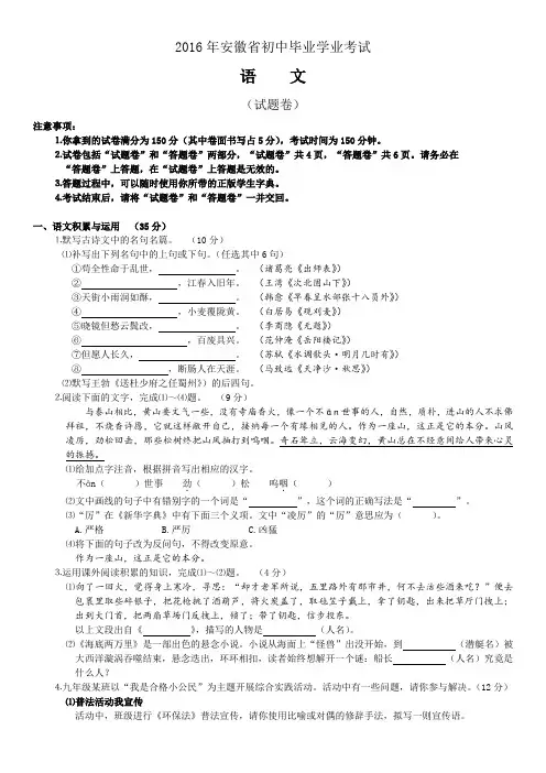 2016年安徽省中考语文试题(word版,含答案)