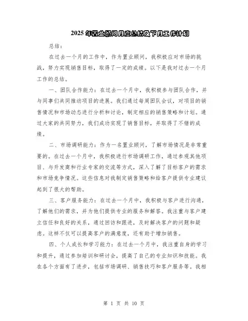 2025年置业顾问月度总结及下月工作计划（5篇）