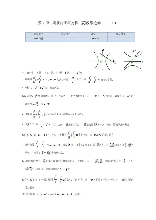 新苏教版数学(选修1-1)本章练测：第2章-圆锥曲线与方程(含答案)